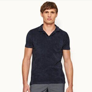 NWT Orlebar Brown Terry Towelling Navy Blue Tailored Fit Polo Shirt Men's Medium